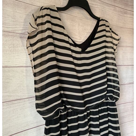 Charming Charlie Nude and Black Striped Dress Sheer Overlay High Low Hem Size L - Picture 14 of 16